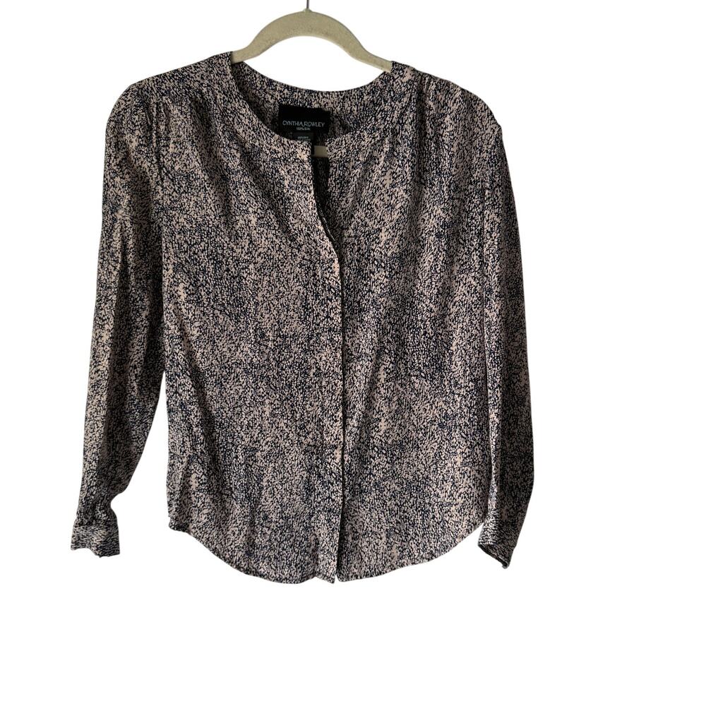 Cynthia Rowley Navy & Cream Abstract Silk‎ Blouse XS Long Sleeve Minimalist